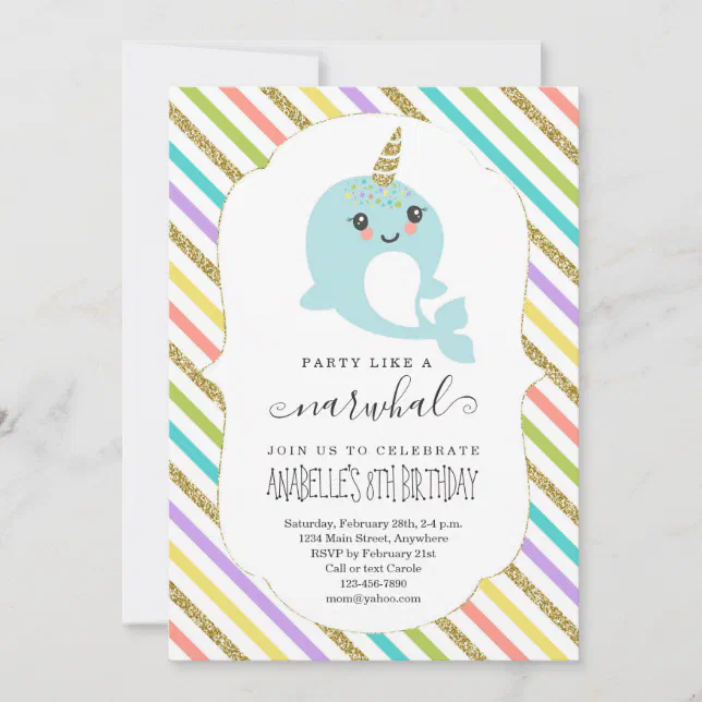 Personalized Narwhal Themed Girls Birthday Party Invitation | Zazzle