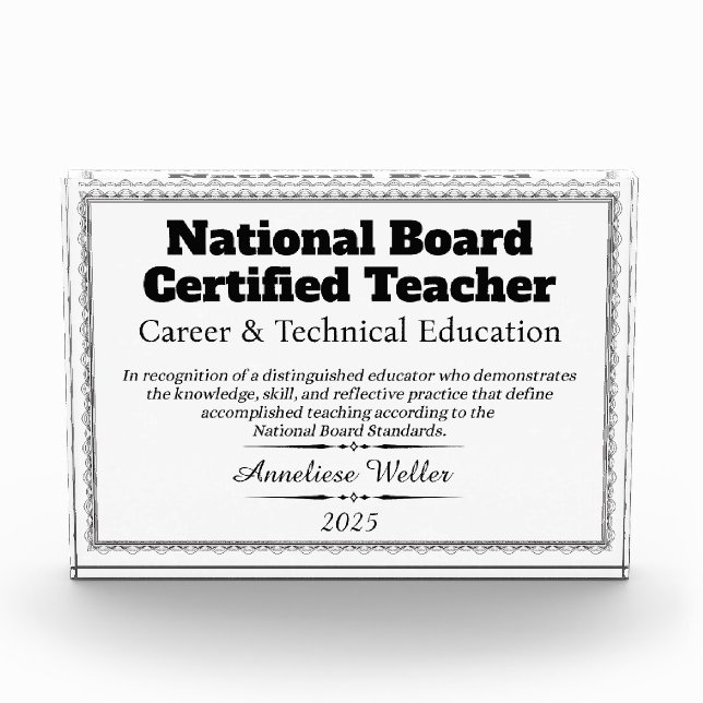 Personalized National Board Certified NBCT EC Gen Acrylic Award (Front)