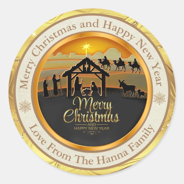 Personalized Nativity Holiday Classic Round Sticker (Front)