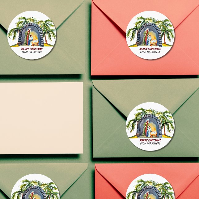 Personalized Nativity Manger Scene2 Christmas  Classic Round Sticker (Creator Uploaded)