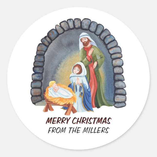 Personalized Nativity Manger Scene Christmas  Classic Round Sticker (Front)