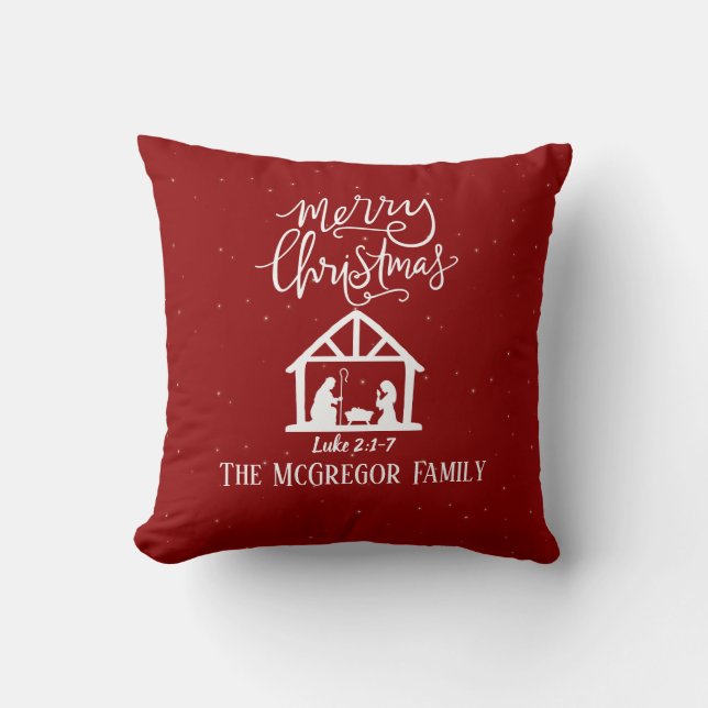 Personalized Nativity Red Christmas Family Name Throw Pillow (Front)