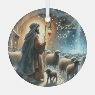 Personalized Nativity Shepherd Glass Ornament