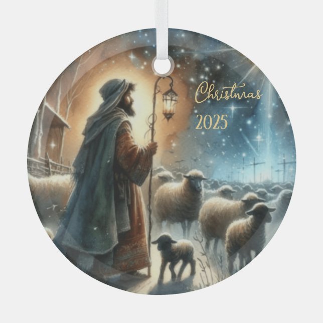 Personalized Nativity Shepherd Glass Ornament (Front)