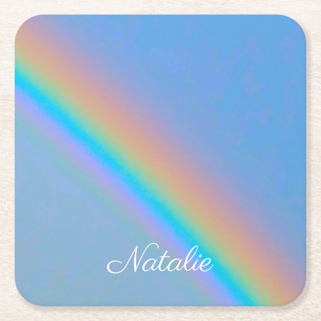 Personalized natural real rainbow square paper coaster (Front)