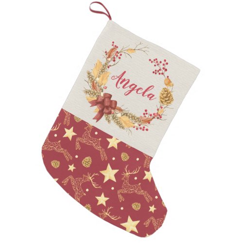 Personalized Natural Rustic Wreath Deer Small Christmas Stocking