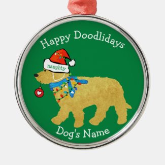 Personalized Naughty Christmas Goldendoodle Metal Ornament
