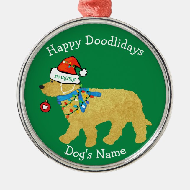 Personalized Naughty Christmas Goldendoodle Metal Ornament (Front)