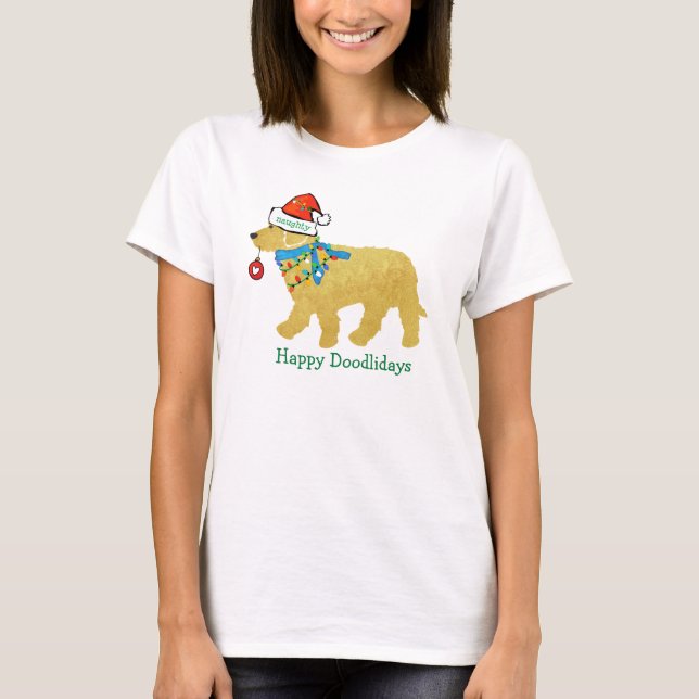 Personalized Naughty Christmas Goldendoodle T-Shirt (Front)