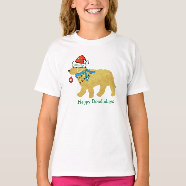 Personalized Naughty Christmas Goldendoodle T-Shirt (Front)