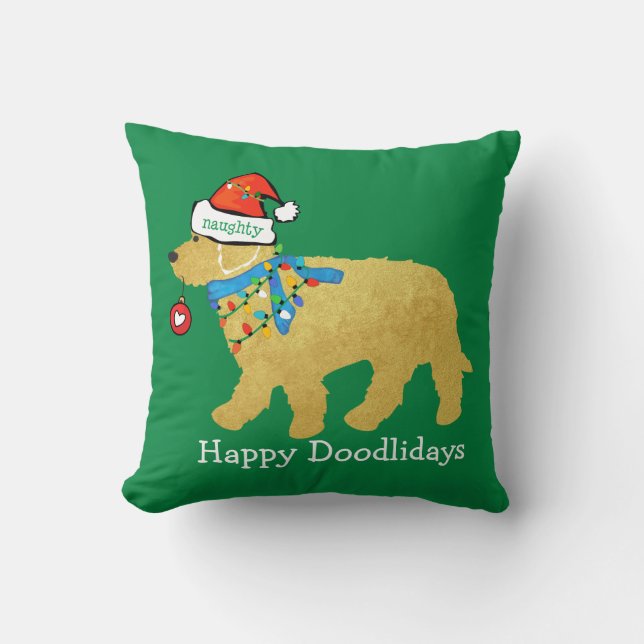 Personalized Naughty Christmas Goldendoodle Throw Pillow (Front)