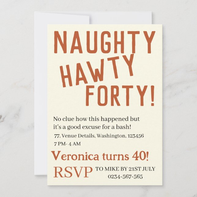 Personalized naughty hawty forty funny birthday  invitation (Front)