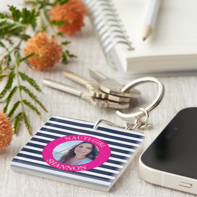 Personalized Nauti-Girl Navy Blue Stripes Photo  Keychain (Front Right)