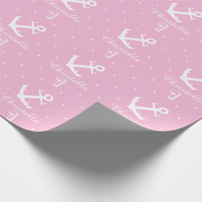 Personalized nautical anchor 1st birthday girl wrapping paper (Corner)