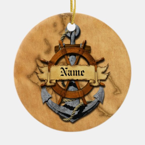 Personalized Nautical Anchor And Wheel Ceramic Ornament