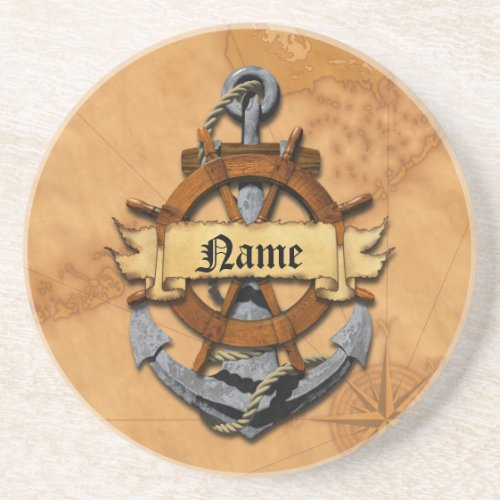 Personalized Nautical Anchor And Wheel Drink Coaster