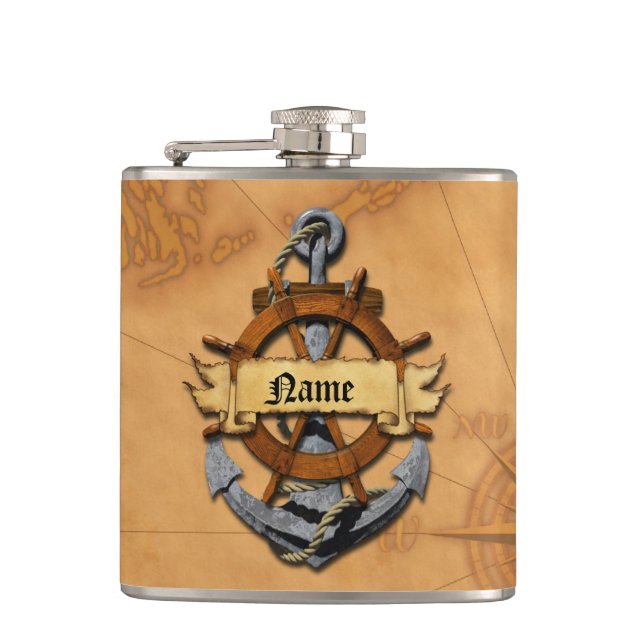 Personalized Nautical Anchor And Wheel Flask (Front)
