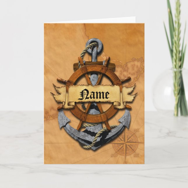 Personalized Nautical Anchor And Wheel Note Card (Front)