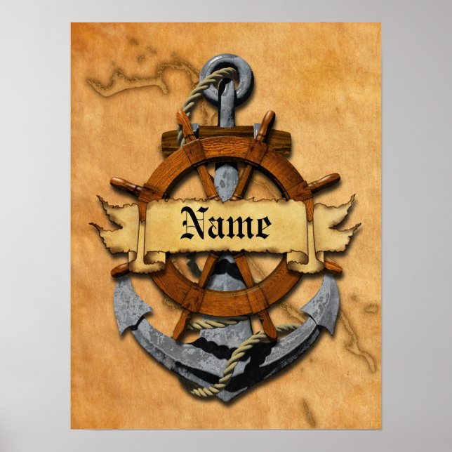 Personalized Nautical Anchor And Wheel Poster (Front)