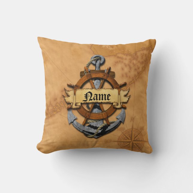 Personalized Nautical Anchor And Wheel Throw Pillow (Front)