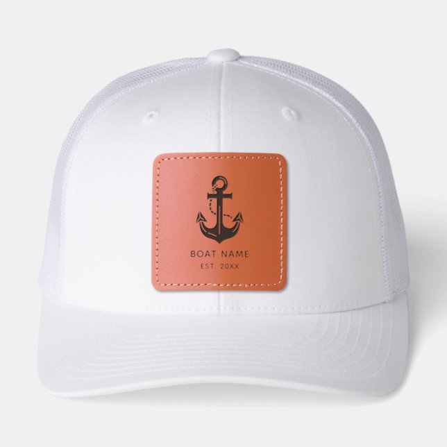 Personalized Nautical Anchor Boat Name Leather Patch Hat (Front)
