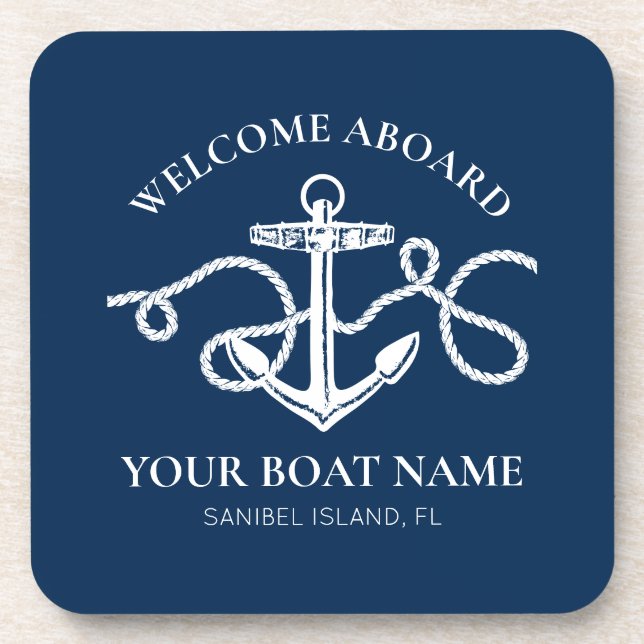 Personalized Nautical Anchor Boat Name Navy Blue Beverage Coaster (Front)