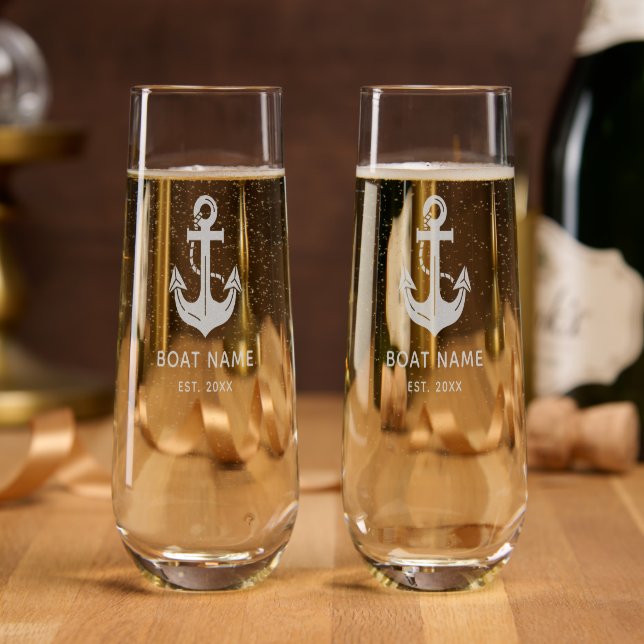 Personalized Nautical Anchor Boat Name Stemless Champagne Flute (Party)