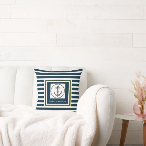 Personalized Nautical Anchor Dk Blue Black Striped Throw Pillow