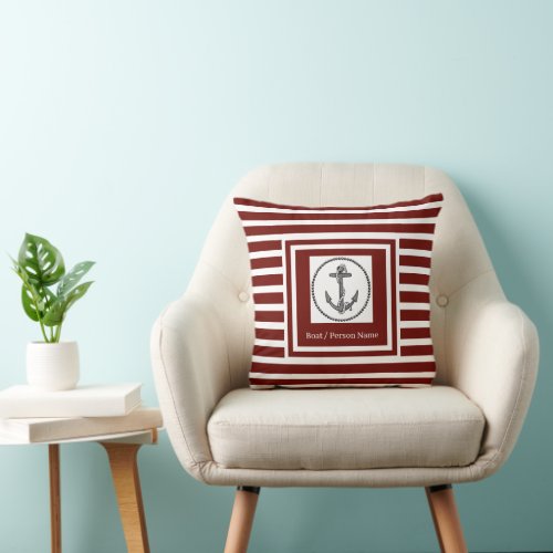 Personalized Nautical Anchor Dk Burgundy Striped Throw Pillow