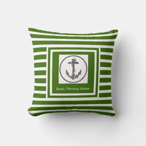 Personalized Nautical Anchor Dk Lime Green Striped Throw Pillow