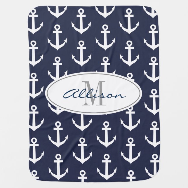 Personalized nautical anchor navy baby blanket (Front)