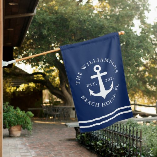 Personalized Nautical Anchor Navy Blue Beach House House Flag