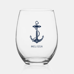 Personalized Nautical Anchor Navy Blue Boat Name Stemless Wine Glass