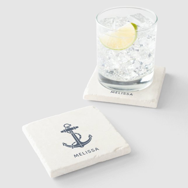 Personalized Nautical Anchor Navy Blue Boat Name Stone Coaster (Side)