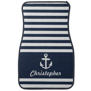 Personalized Nautical Anchor Navy Blue Stripe Car Mat