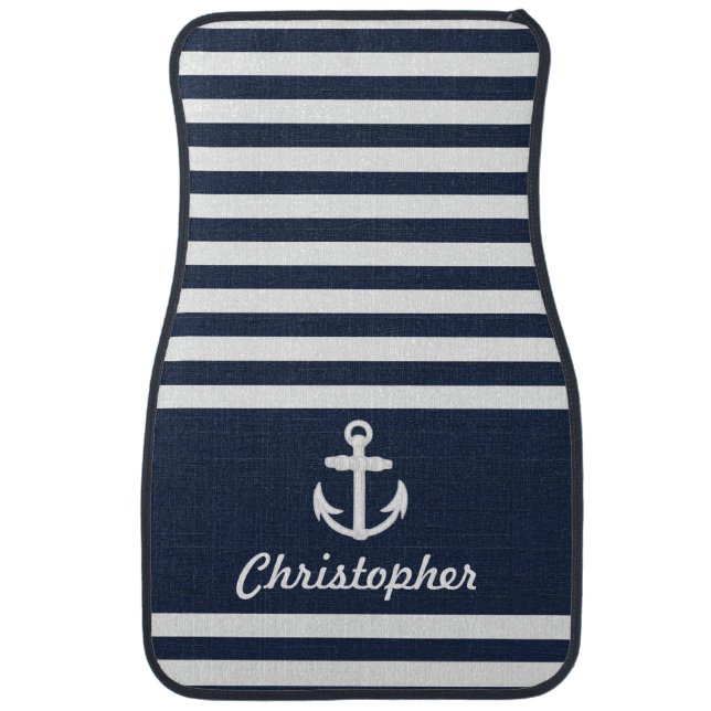 Personalized Nautical Anchor Navy Blue Stripe Car Mat (Front)