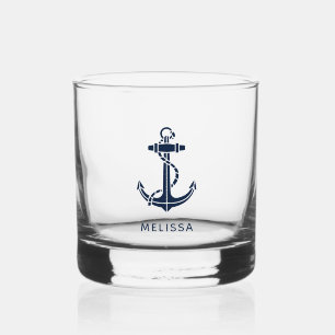 Personalized Nautical Anchor Navy Blue Whiskey Glass