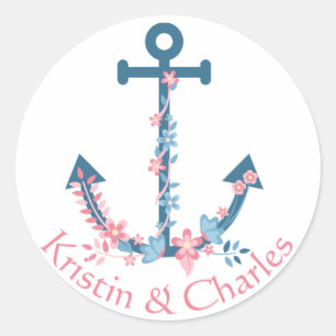 Personalized Nautical Anchor Pink Blue Flowers Classic Round Sticker