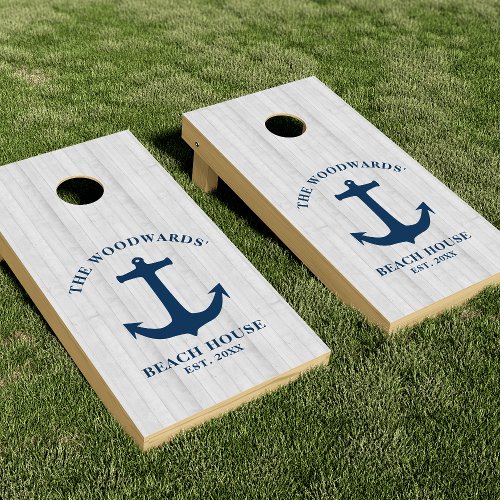 Personalized Nautical Anchor White Wood Blue Cornhole Set