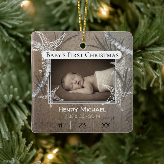 Personalized Nautical Baby's First Christmas Ceramic Ornament (Tree)