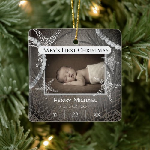 Personalized Nautical Babys First Christmas Ceramic Ornament