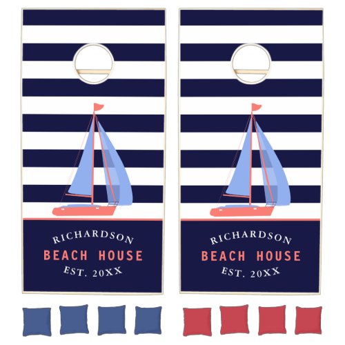 Personalized Nautical Beach House Navy Blue White Cornhole Set