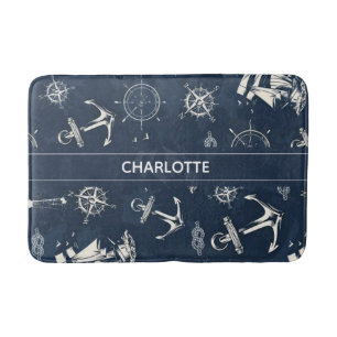 Personalized Nautical Beach Navy Sailboat Anchor Bath Mat