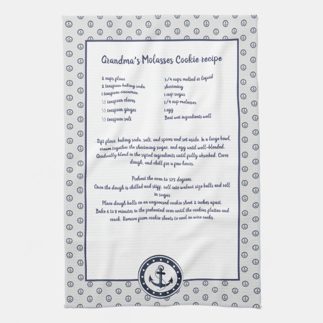 Personalized Nautical Black Anchor Recipe keepsake Kitchen Towel (Vertical)