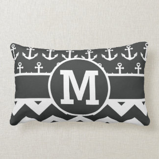 Personalized Nautical Black White Chevron Anchors Lumbar Pillow