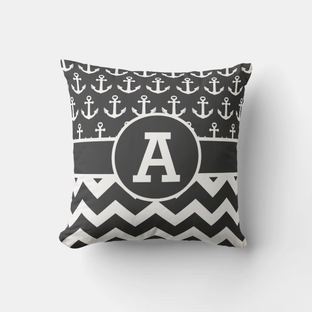 Personalized Nautical Black White Chevron Anchors Throw Pillow (Front)