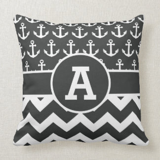 Personalized Nautical Black White Chevron Anchors Throw Pillow