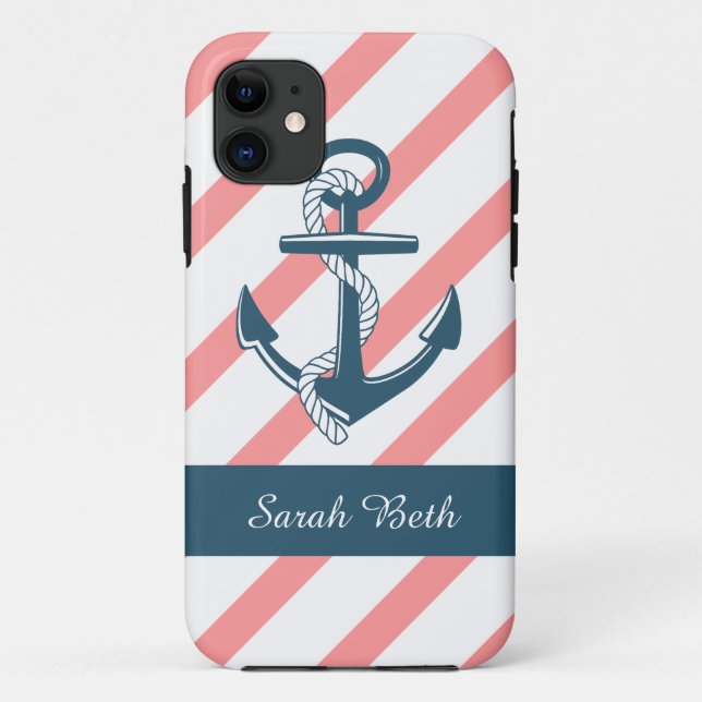 Personalized Nautical, Blue Anchor & Rose Stripes Case-Mate iPhone Case (Back)