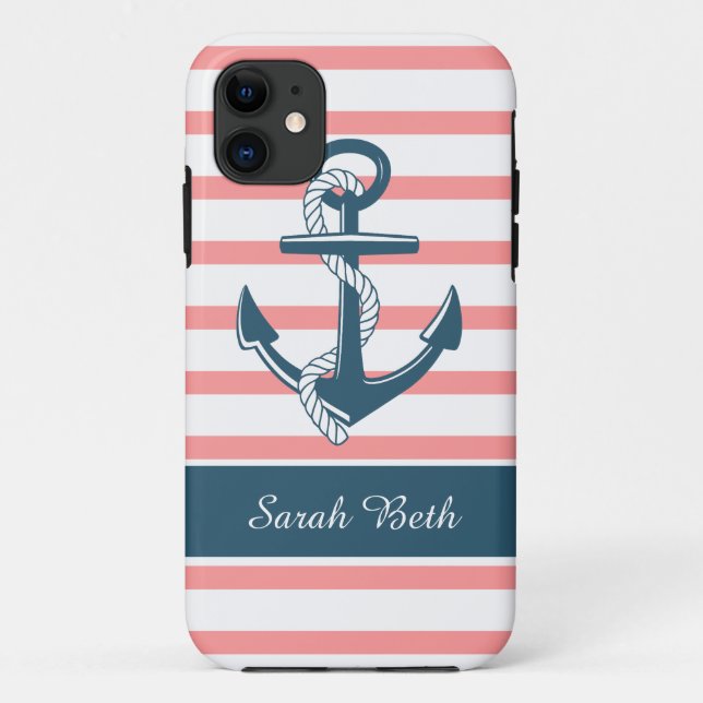 Personalized Nautical, Blue Anchor & Rose Stripes Case-Mate iPhone Case (Back)