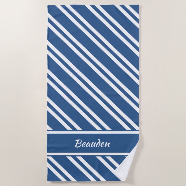 Personalized Nautical Blue and White Stripes Beach Towel (Front)